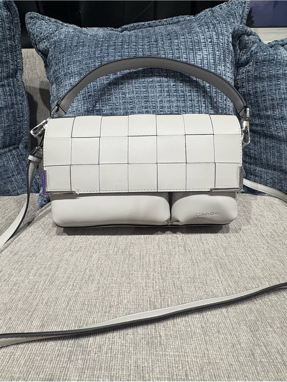 Calvin Klein White Woven Flap Shoulder Bag with Top Handle